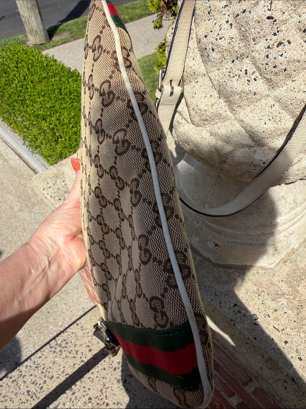 Gucci Beige Monogram Crossbody Bag with Green& Red stripe & COA white leather - Picture 14 of 16